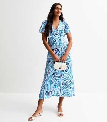 Blue Tile Print Midi Dress