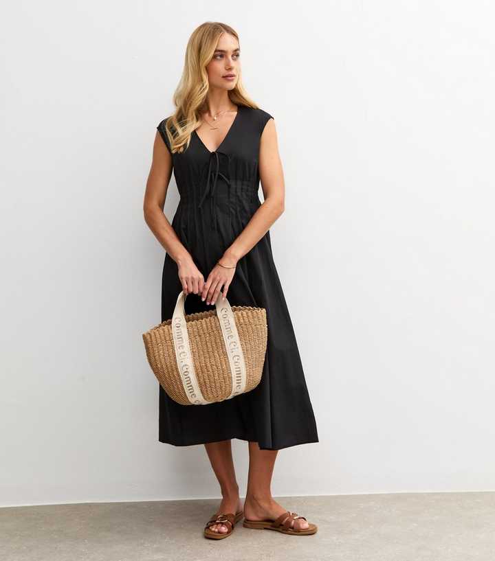 Black Tie V-Neck Pintuck Midi Dress | New Look