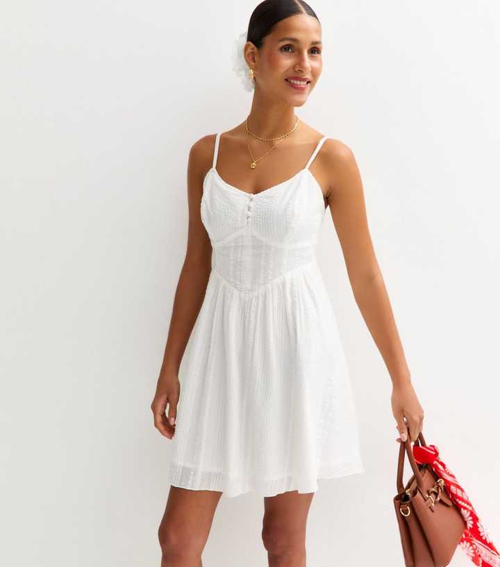 White Textured Strappy Mini Dress