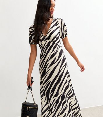 Black Zebra Print Satin Midi Dress