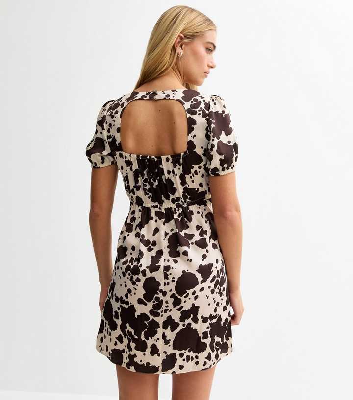 Brown Cow Print Open Back Satin Mini Dress