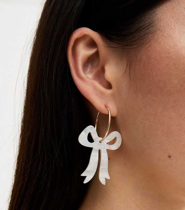 Cream Bow Drop Hoop Earrings