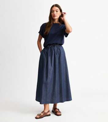 Navy Denim Shirred Waist Full Midi Skirt