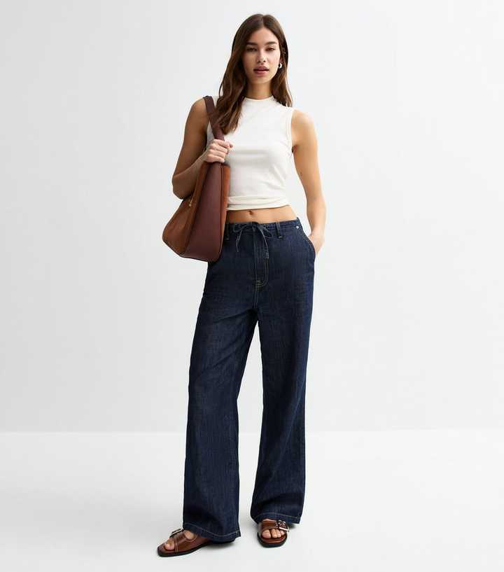 Navy Drawstring Waist Wide Leg Denim Trousers