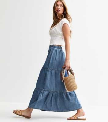 Blue Denim Tiered Midi Skirt