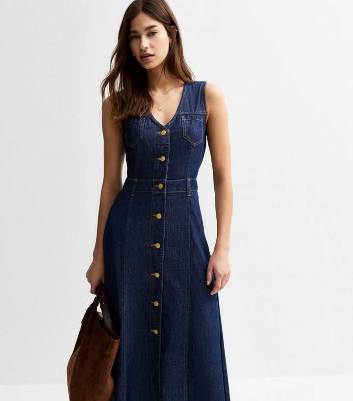 Navy Denim Button Down Midi Dress