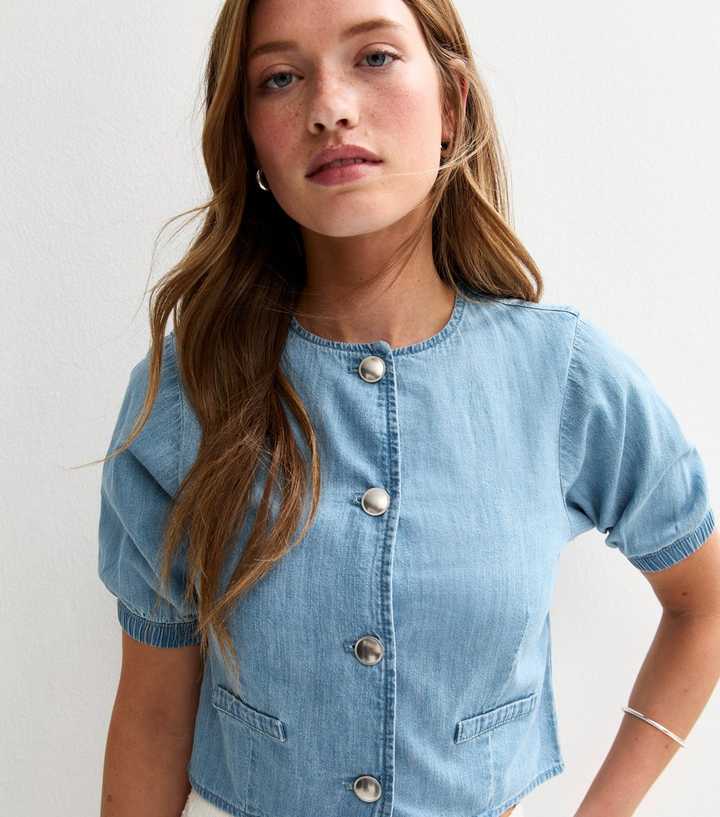 Blue Denim Puff Sleeve Button Down Top