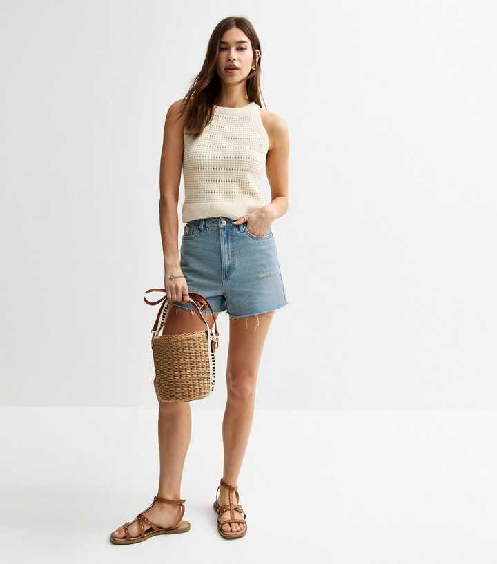 Blue Frayed Raw Hem Denim Shorts