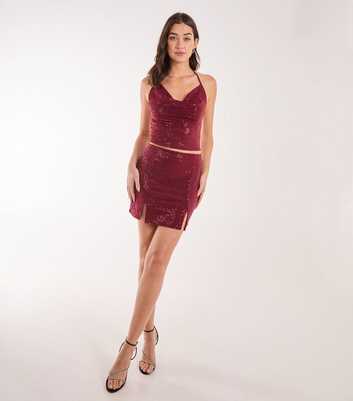 Pink Vanilla Burgundy Sequinned Slit Hem Mini Skirt