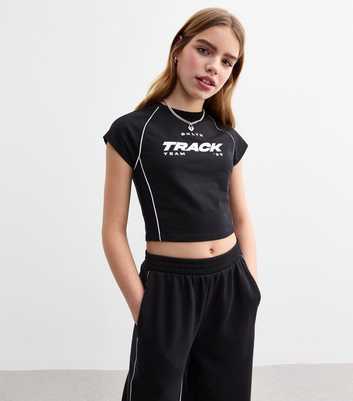 Girls Black Piped Trim Cap Sleeve T-Shirt