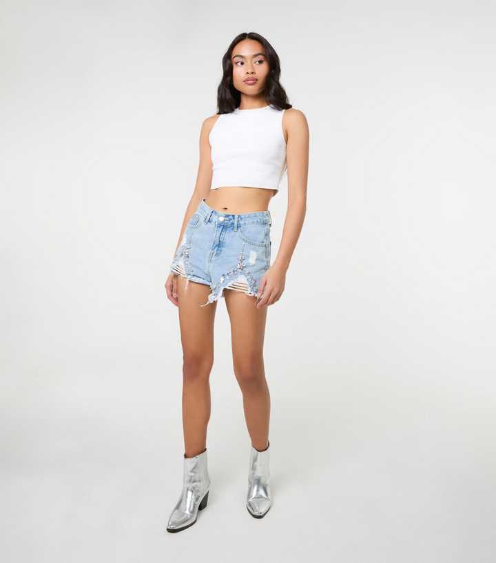 Pink Vanilla Blue Embellished Distressed Denim Shorts