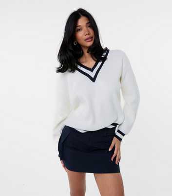 Pink Vanilla Off White V Neck Varsity Knitted Sweater