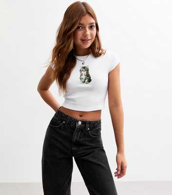 Girls White Kitten Print Cropped Top