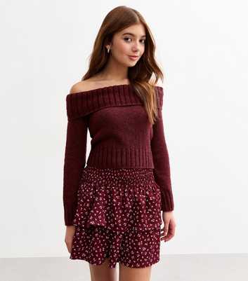 Girls Burgundy Folded Bardot Jumper