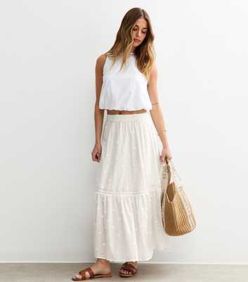 White Floral Embroidered Midi Skirt