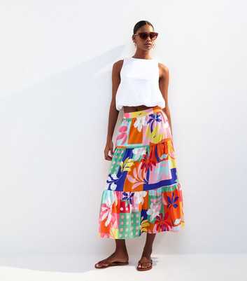 Multicoloured Patchwork Print Tiered Midi Skirt