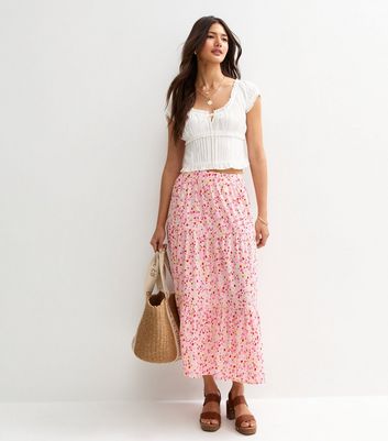 Pink Floral Print Tiered Midi Skirt | New Look