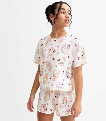 Girls White Cupcake Print Shorts Pyjama Set