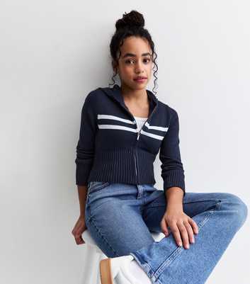 Girls Navy Striped Knitted Zip Up Hoodie