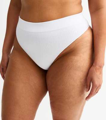 Curves White Ribbed Seamless High Waisted Thong