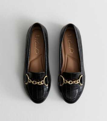 Wide Fit Black Faux Patent Leather Chain Link Crocodile Embossed Loafers