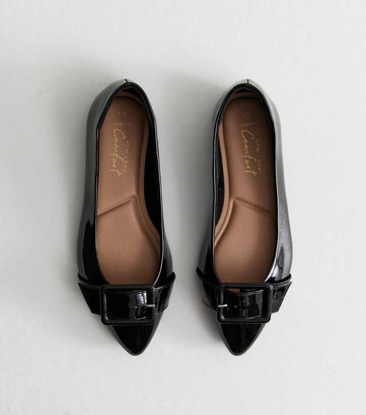 Wide Fit Black Patent Faux Leather Buckled Ballet Flats