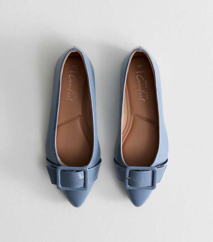 Wide Fit Light Blue Faux Patent Leather Buckled Ballerina Flats