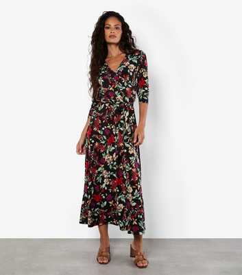 Apricot Black Floral Patterned Wrap Midi Dress