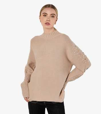 Apricot Light Brown Pearl Embellished Oversized Jumper