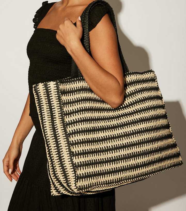 South Beach Black Woven Straw Tote Bag