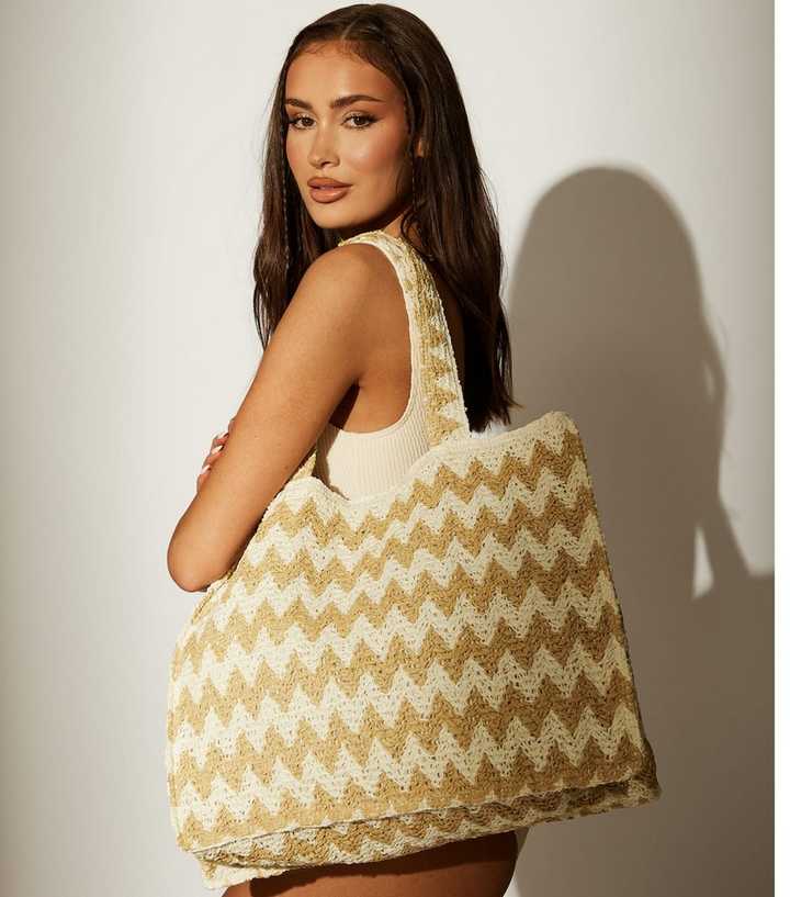 South Beach Beige Zigzag Woven Tote Bag
