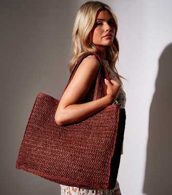 South Beach Rust Brown Straw Woven Tote Bag