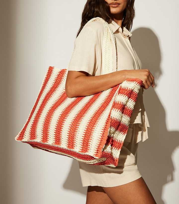 South Beach Orange Striped Crochet Tote Bag