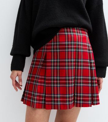 Red Checked Pleated Skirt | New Look