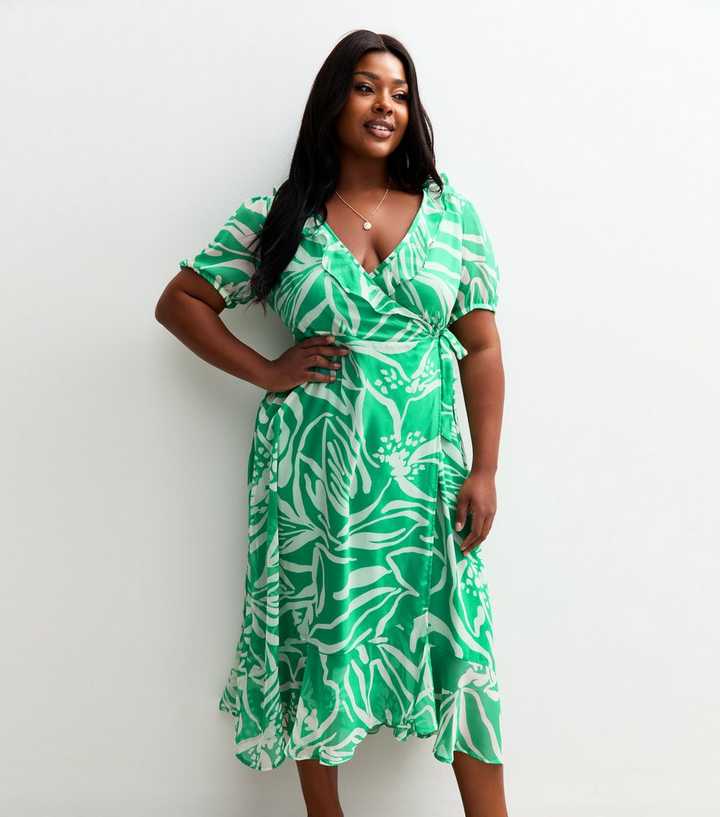 green emerald velvet dress Printed Faux Wrap Dress with Bishop Long Sleeves in Green Ivory