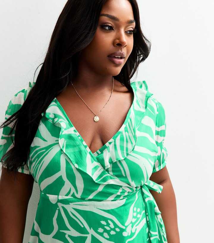 Curves Green Leaf Print Chiffon Midi Wrap Dress