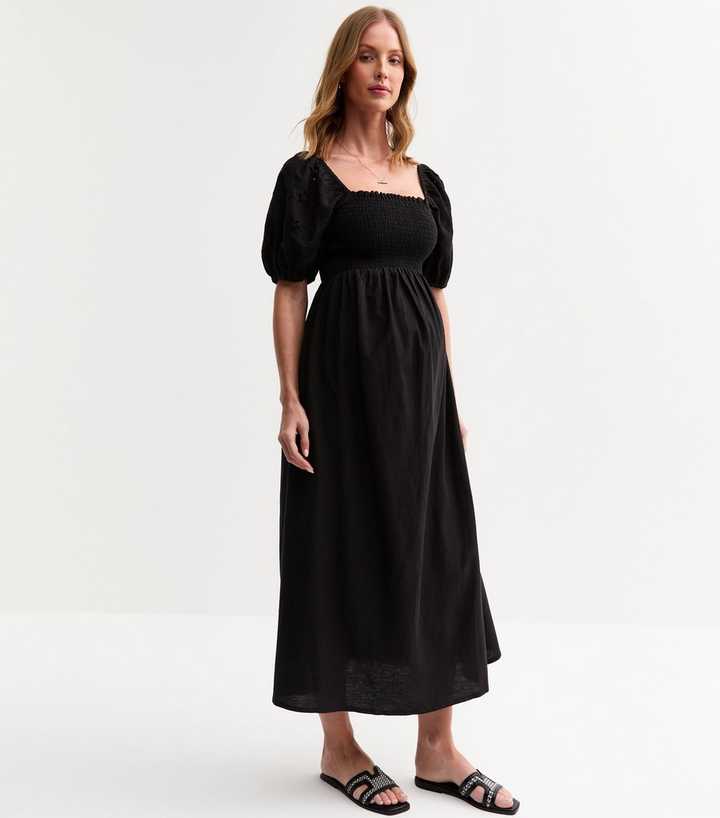 Maternity Black Floral Broderie Anglaise Puff Sleeve Midi Dress