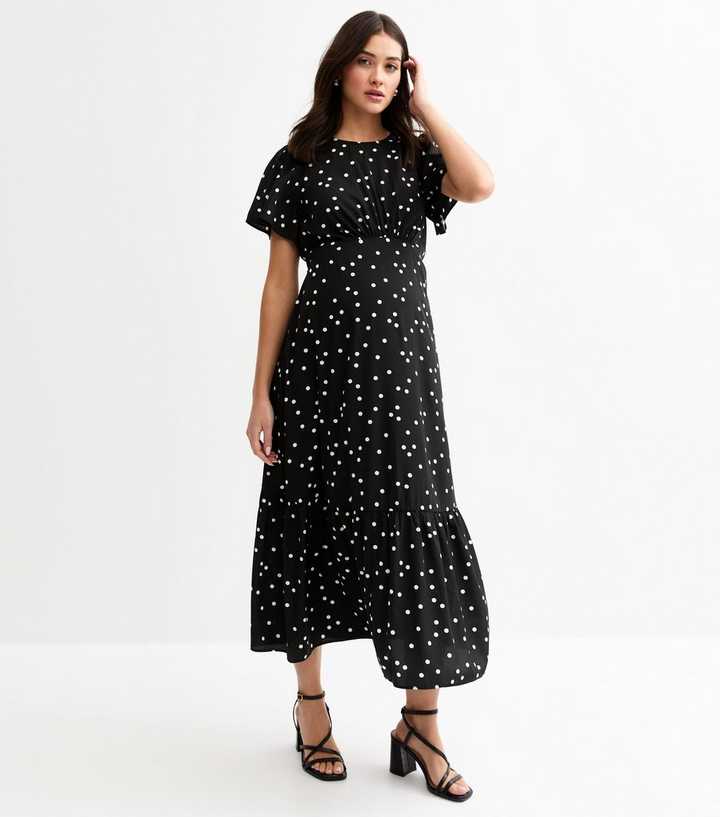 Maternity Black Spot Print Frill Sleeve Crepe Midi Dress