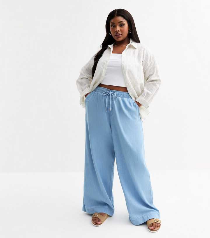 Curves Light Blue Drawstring Waist Denim Trousers