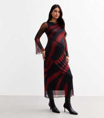 Maternity Burgundy Wave Print Mesh Midi Dress