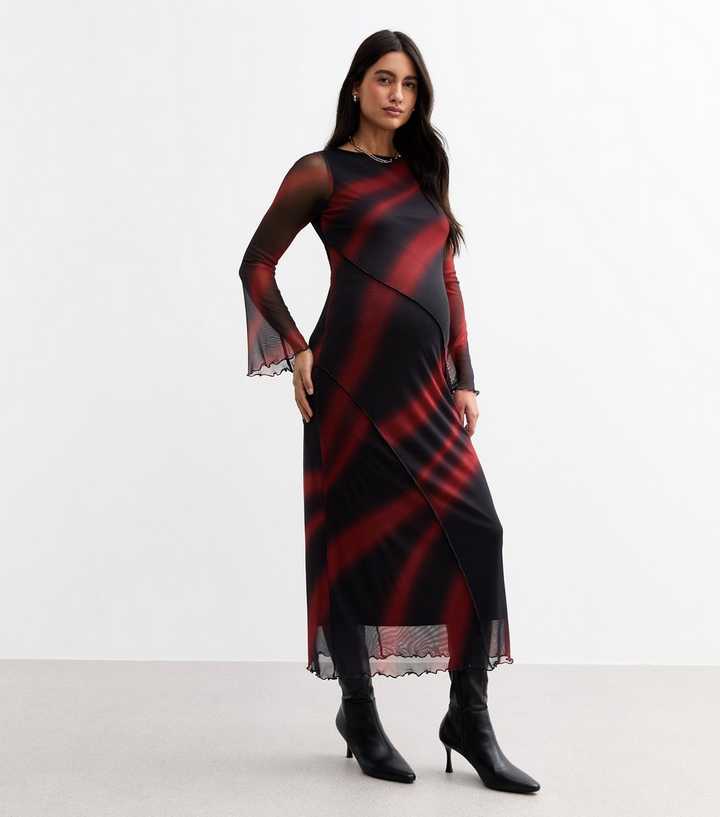 Maternity Burgundy Wave Print Mesh Midi Dress