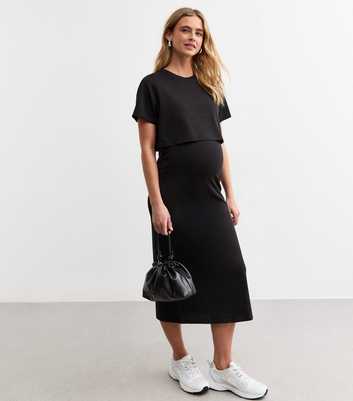 Maternity Black Double Layer Nursing T-Shirt Dress