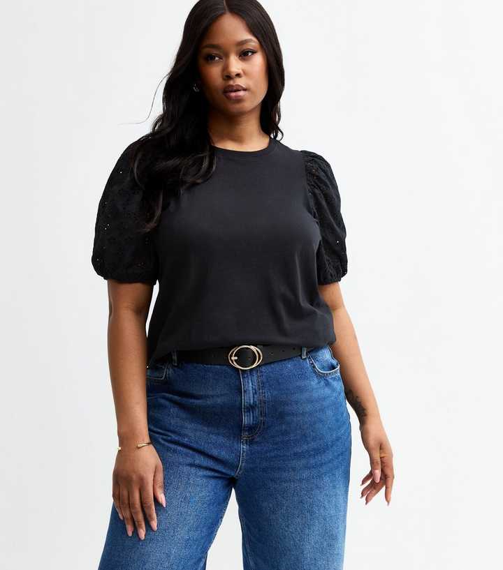 Curves Black Broderie Puff Sleeve Top