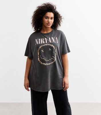 Curves Dark Grey Nirvana Leopard Smiley Print T-Shirt