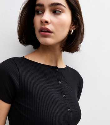 Black Cap Sleeve Buttoned Rib T-Shirt