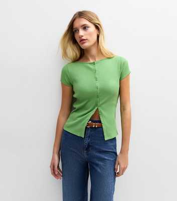 Green Cap Sleeve Buttoned Rib T-Shirt