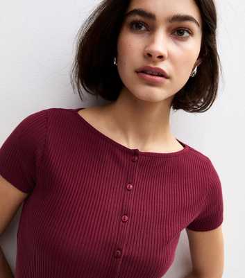 Burgundy Cap Sleeve Buttoned Rib T-Shirt