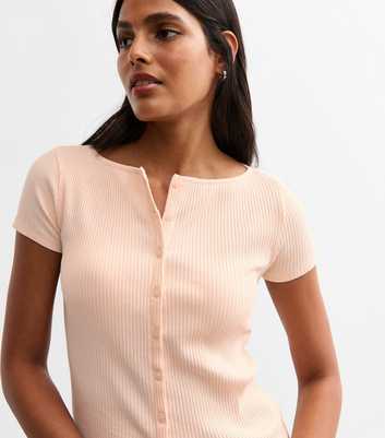 Light Pink Cap Sleeve Buttoned Rib T-Shirt