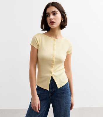 Light Yellow Cap Sleeve Buttoned Rib T-Shirt