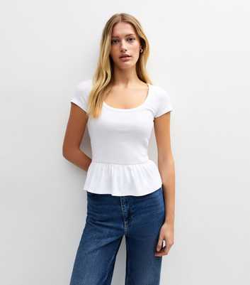 White Scoop Neck Peplum Hem Top